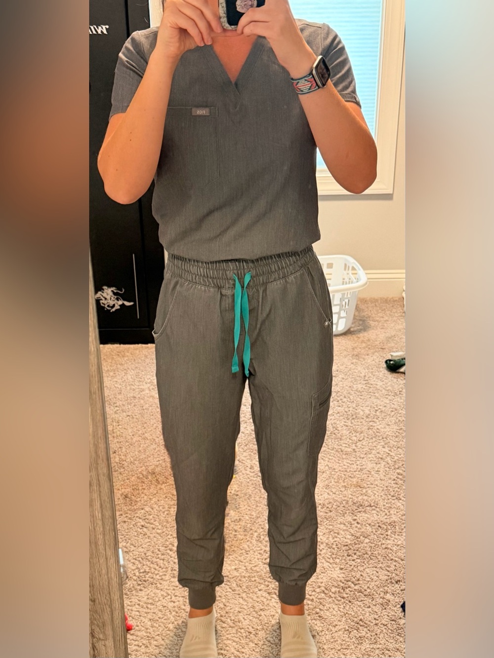 Figs Women's Gray Jogger Scrub Pants with Teal Drawstring